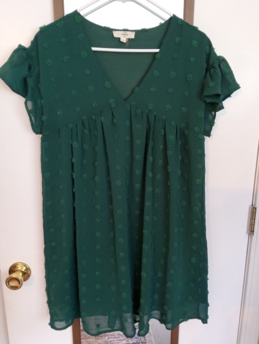 entro Forest Green Swiss Dot V-Neck Mini Dress Small